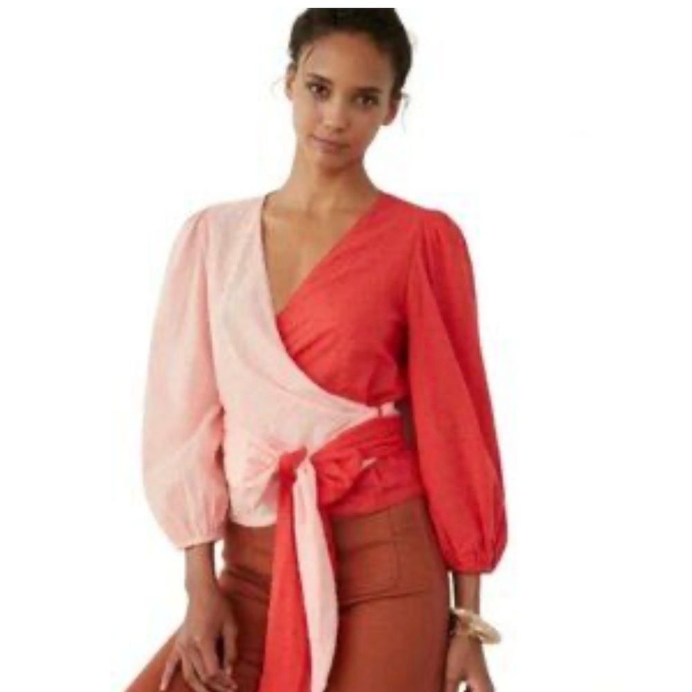 NEW Farm Rio Colorblock Boho Wrap Blouse Women's XL Pink & Red Swiss Dot Top NWT